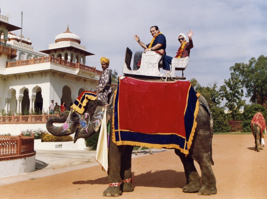 Justice Antonin Scalia and Justice Ginsburg pose on an elephant during their tour of India in 1994.