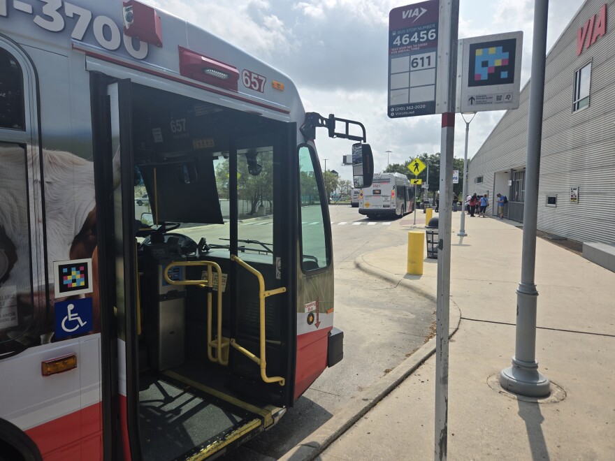 Buses await riders at the VIA Transit Center Kel-Lac off U.S. 90 West, near Lackland Air Force Base on Aug. 5, 2026