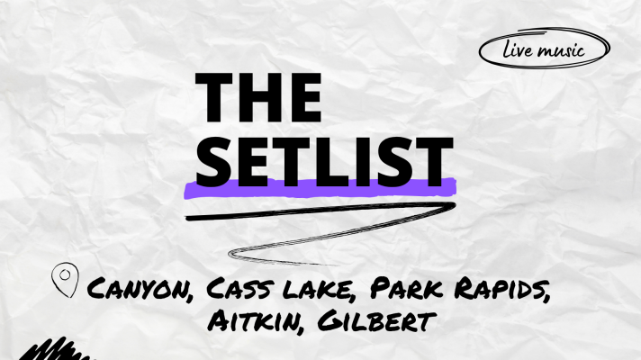 "The Setlist" and "Canyon, Cass Lake, Park Rapids, Aitkin, Gilbert" written over a crumpled paper background.