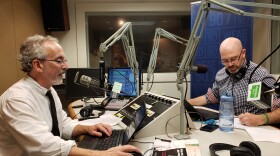 WFAE reporter David Boraks, left, and WUNC reporter Jeff Tiberii prepare for a pre-election special at WFAE. 