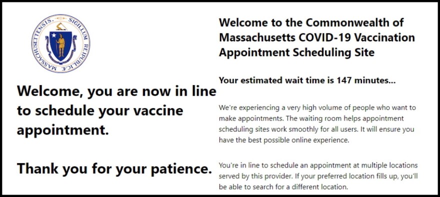 An online "waiting room" shows a 147-minute wait to schedule an appointment at the Massachusetts vaccine sign-up website on Thursday morning, February 25, 2021.