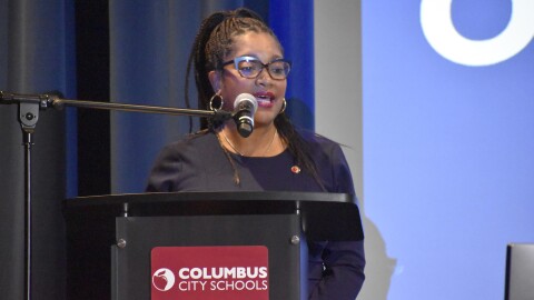 Columbus City Schools Superintendent Angela Chapman speaks at a town hall event for the school district at Mifflin High School on October 29, 2025.