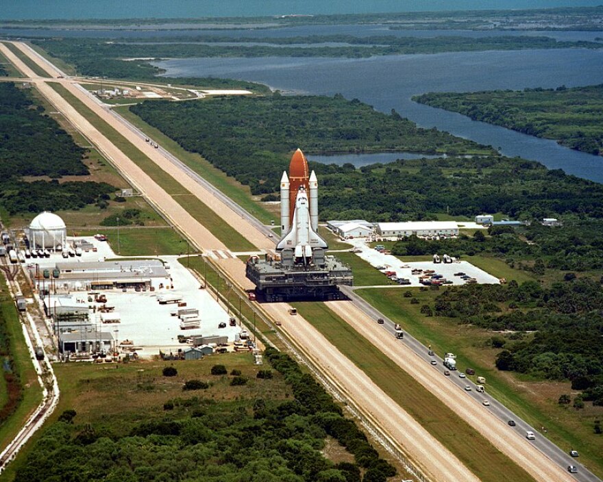 A picture of Space Shuttle Challenger on the Crawler Transporter.