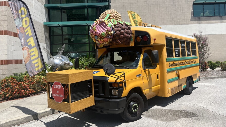 Emily Grace and her husband, Johnny, designed the short bus-turned-business with oversized ice-cream balls on the front. The truck is designed to be accessible, but Grace also chose the vehicle because of the history attached to it.