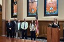 Scranton Mayor Paige Cognetti addresses two water main breaks in the city's downtown alongside four members of Scranton City Council.