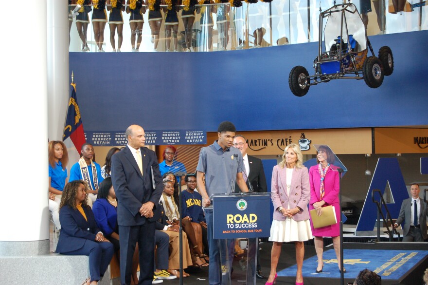 N.C. A&T second-year elementary education student Jayden Seay speaks on campus at an education event headlined by First Lady Dr. Jill Biden and U.S. Secretary of Education Miguel Cardona. DAVID FORD/WFDD