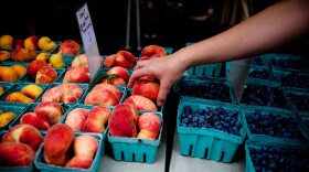 Shopper reaches for donut peaches at the Penn Quarter farmers' market in Washington, D.C.