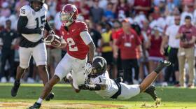 Alabama wide receiver Ryan Williams (2) runs after a catch past Vanderbilt safety Dontae Carter (1) during the first half of an NCAA college football game, Saturday, Oct. 4, 2025, in Tuscaloosa, Ala. (AP Photo/Vasha Hunt)
