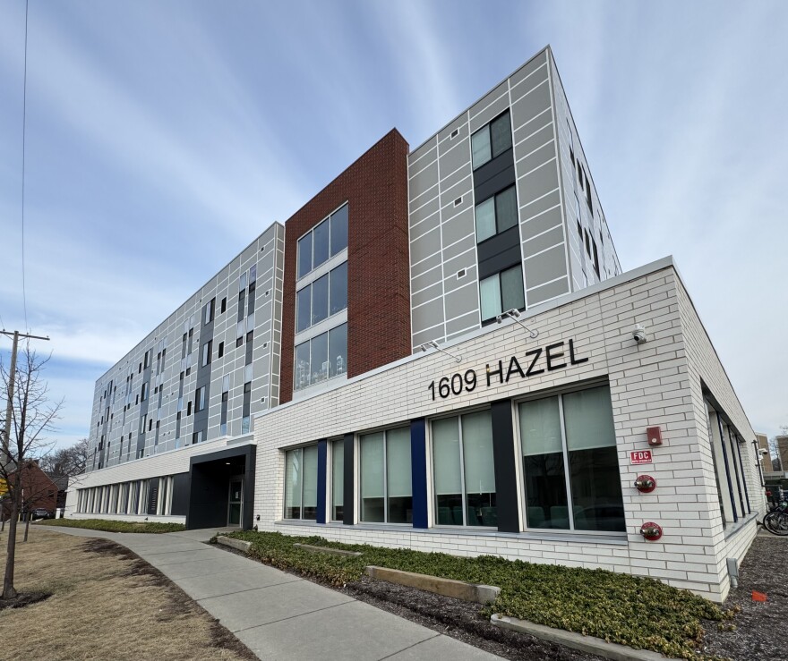 Upper facades of the 1609 Hazel dorm building at the Cleveland Institute of Music are striped with tape to cover leaking joints.