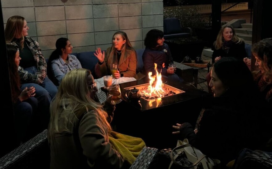 Christine Caven, Priya Rudradas and other Women in Tech and Entrepreneurship members collaborate on ideas at their new year meetup on Jan. 22, 2025. (Cati Stoehr/WUFT News)