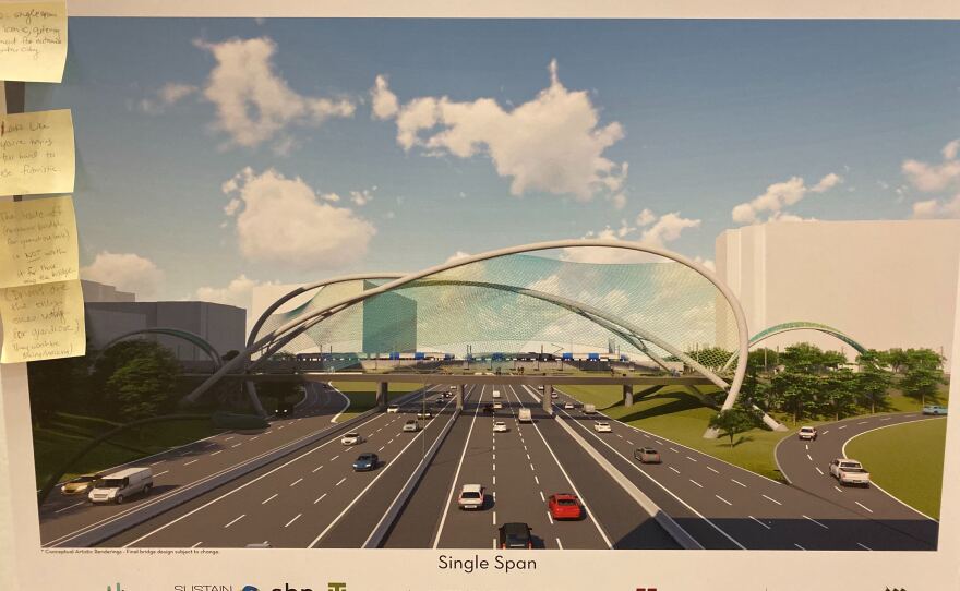 Poster showing "Single Span" design at the City's Nov. 21 Rail Trail Bridge meeting