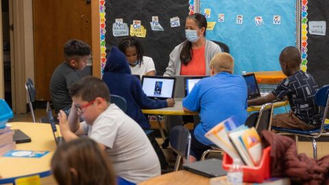 Second graders study in a classroom on May 7, 2024, at George Melcher Elementary School in Kansas City.