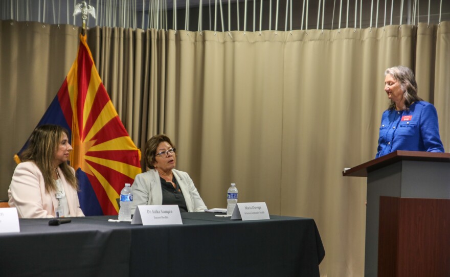 AWC Foundation Executive Director Lori Stofft (right, standing) presented Arizona Western College, Onvida Health, Sunset Health and Arizona Complete Health's representatives at Wednesday's gathering. The foundation is distributing Arizona Complete Health's grant funds evenly amongst the three organizations.