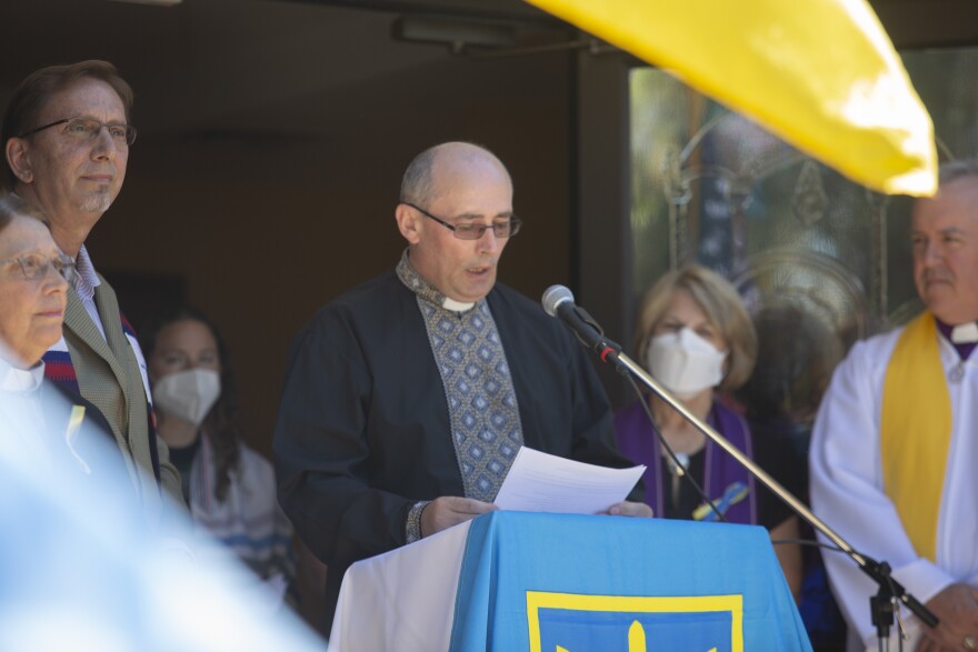 Father Bodhan Barytskyy welcomes a crowed of about 150 people Wednesday, March 2, 2022 at the Epiphany of Our Lord Ukrainian Catholic Church in St. Petersburg for a prayer vigil for the Ukrainian people.