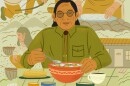 An Indigenous man eats a bowl of soup, surrounded by members of his community sourcing food and cooking it