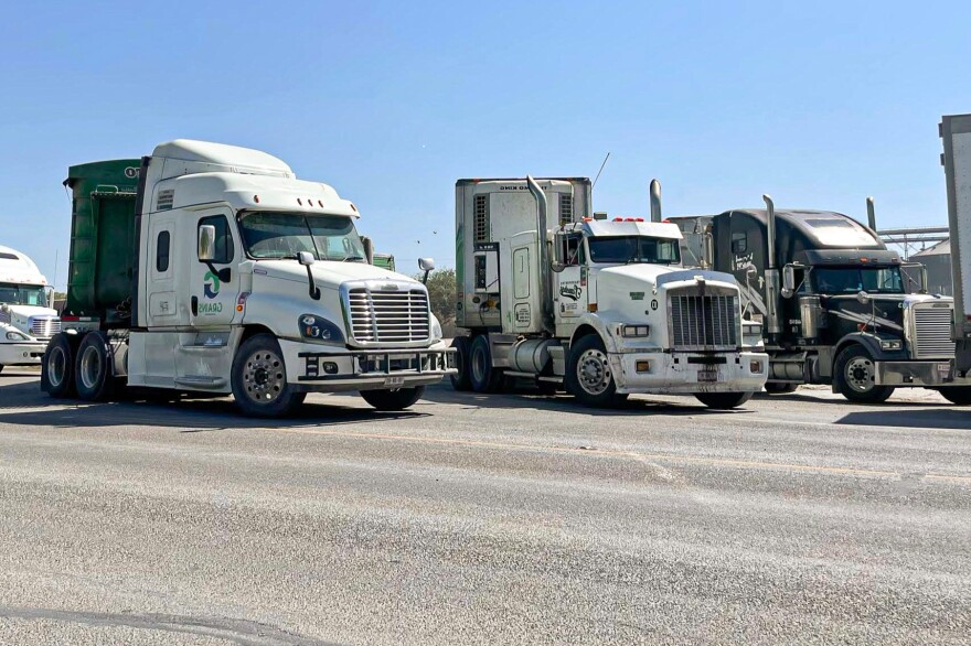 Over 100 trucks wait in line at Nuevo Progreso International as commercial traffic was rerouted to open land ports when Pharr-Reynosa International was shut down by a protest blockade in Mexico.