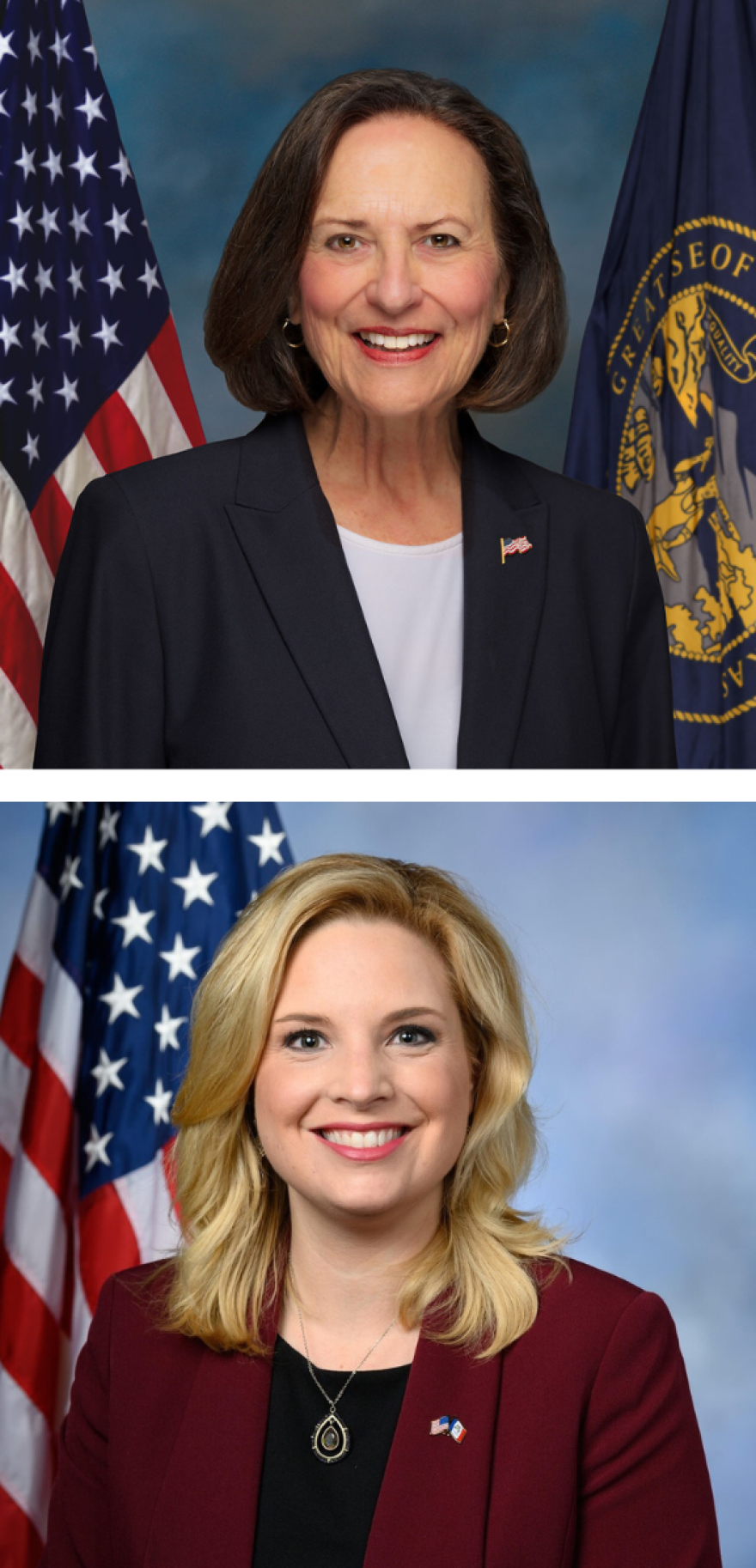 U.S. Sen. Deb Fischer (R-Nebraska) at top and U.S. Rep. Ashley Hinson are backing childcare reform measures in Congress.