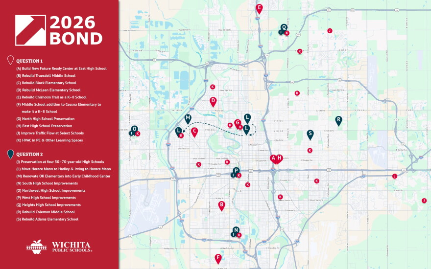 This image shows a map of Wichita, with schools impacted by the bond proposal highlighted.