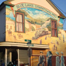 A mural on a building in downtown Blue Lake, California captures the historic feel of the tiny town in Humboldt County.