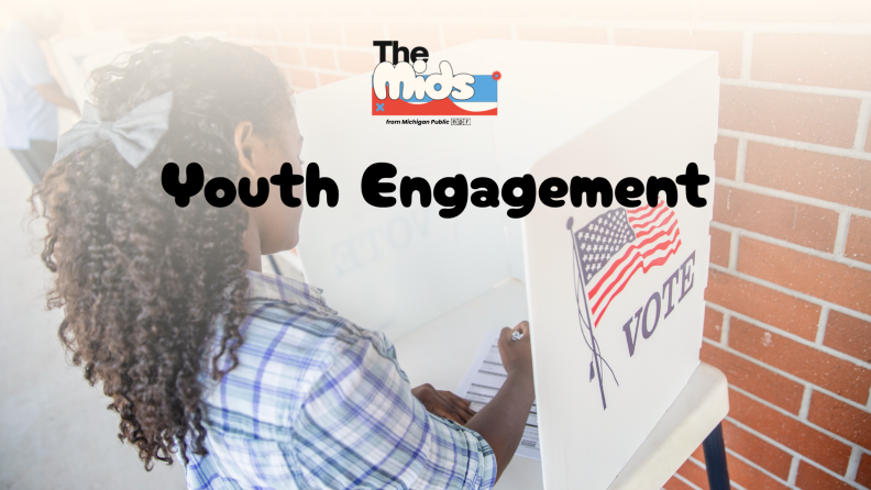 A person votes at a voting booth. In front of the photo is a light orange gradient background. At the top is The Mids logo. Underneath the logo are the words "Youth Engagement."