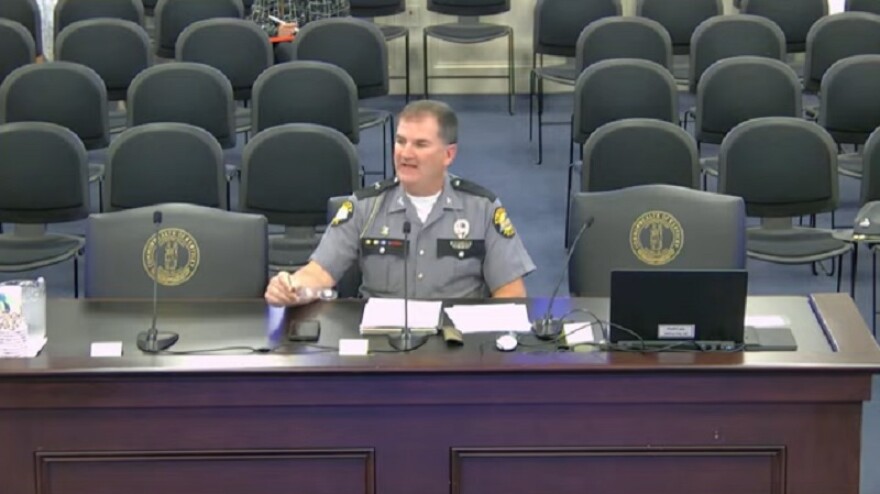 Kentucky State Police Commissioner Phillip Burnett reporting KSP recruiting activity to the legislative subcommittee on Justice and Judiciary