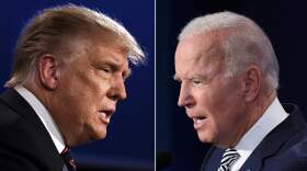 This combination of pictures created on Sept. 29, 2020 shows former President Donald Trump (L) and President Joe Biden squaring off during the first presidential debate at the Case Western Reserve University and Cleveland Clinic in Cleveland, Ohio on Sept. 29, 2020. (Jim Watson and Saul Loeb/AFP via Getty Images)