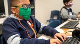 A boy wearing a mask sits at a computer typing. 