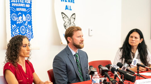Cain Oulahan (center), Ramon Morales Reyes' immigration attorney, addresses the media, May 30, 2025 in Milwaukee about the detention of his client Ramon Morales Reyes. (AP Photo/Andy Manis, File)
