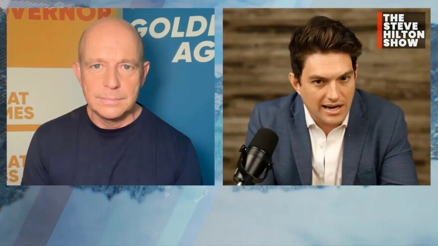 From left, Republican gubernatorial candidate Steve Hilton speaks with Shiloh Marx on The Steve Hilton Show.