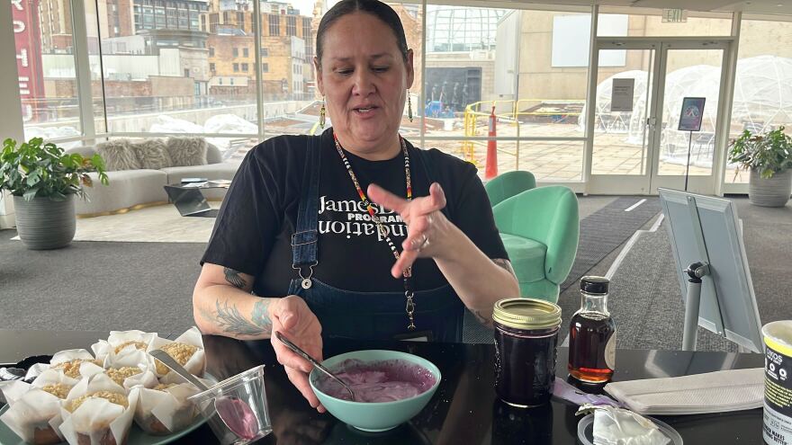 Terry prepares a simple breakfast parfait, using greek yogurt, maple syrup, blueberry and sweetgrass compote, and chia seeds.