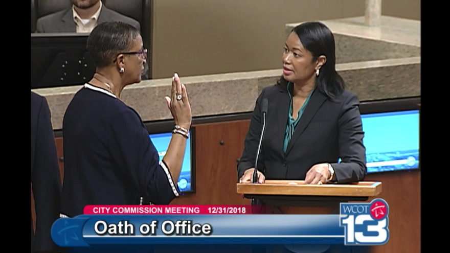 Elaine Bryant (left) is sworn into office. She emerged from a field of 93 applicants vying to replace Scott Maddox who was suspended from office. (Dec.31, 2018)