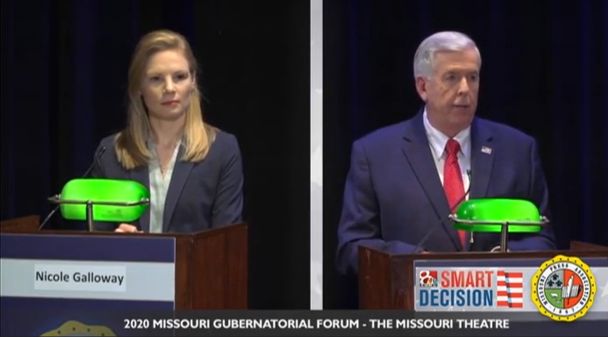 Missouri Gov. Mike Parson and Auditor Nicole Galloway participated in a debate hosted by the Missouri Press Association and KOMU 8 October 9, 2020. 