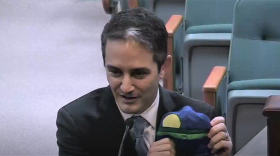 Alan Rosen shows off the mask his wife made featuring the logo for Lake County -- minus the bird -- during an interview with county commissioners Tuesday. Image: Lake County video