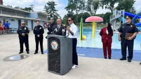 Allentown Mayor Matt Tuerk (Right of podium) and Reading Mayor Eddie Moran (Left of podium) at a press conference with the cities police and fire departments.