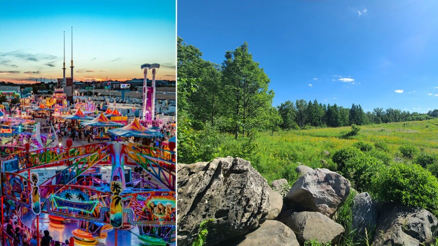 The Wisconsin State Fair (left) and a portion of Riveredge Nature Center's 10 miles of trails.