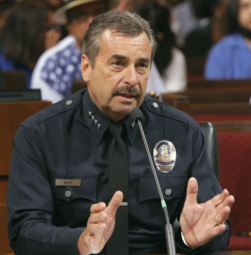 At a Los Angeles City Council meeting Tuesday, Los Angeles Police Chief Charlie Beck says large, for-profit pot dispensaries "cause a public danger."