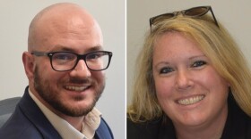 Man in white shirt and blue jacket and woman in black suit posing in closeup photos 
