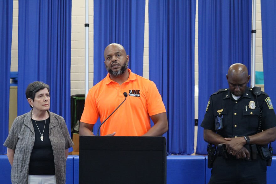 One Lexington Director Devine Carama shares with the press and public at the Charles Young Center on August 16, 2026 that support services will be made available to the community after a shooting at Charles Young Park. Lexington Mayor Linda Gorton and Lexington Police Chief Lawrence Weathers also shared updates on the shooting.