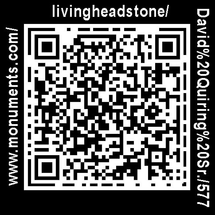 The QR code affixed to David Quiring Sr.'s tombstone.