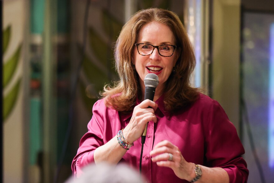 Sherri Cook with Wholly Informed Sex Ed welcomes participants to Sex Ed Trivia Night on Thursday, Feb. 8, 2024, at Hello Dumpling in Dallas.