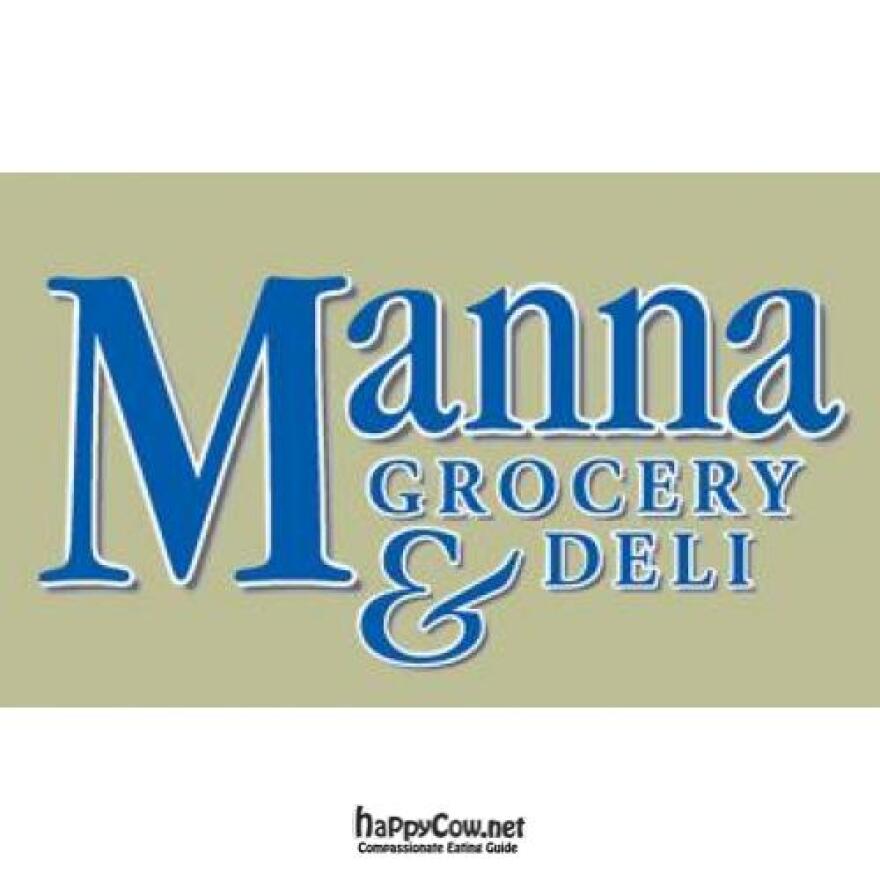 Tan, blue and white logo for Manna Grocery