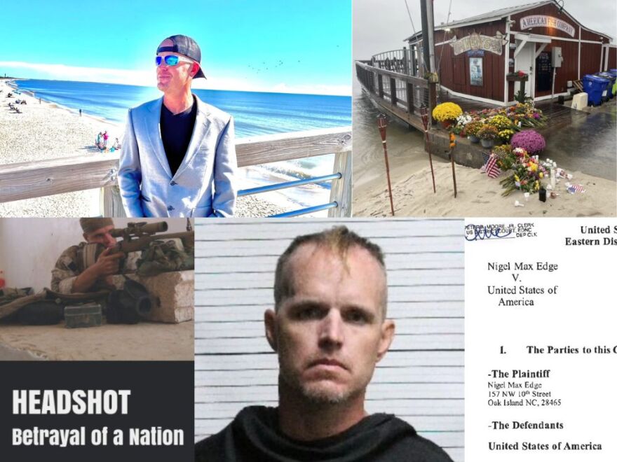 Clockwise from top left: One of the last images Nigel Edge posted under his old name, Sean William DeBevoise; a memorial at the American Fish Company in Southport following the shooting; from Edge's lawsuit against the United States of America; Edge's booking photo from the Brunswick County Sheriff's Office; and, a memoir of Edge's time in Iraq, published under his former name.