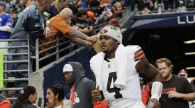 Cleveland Browns quarterback Deshaun Watson (4) arrives on the field before a preseason NFL football game against the Seattle Seahawks, Saturday, Aug. 24, 2024, in Seattle.
