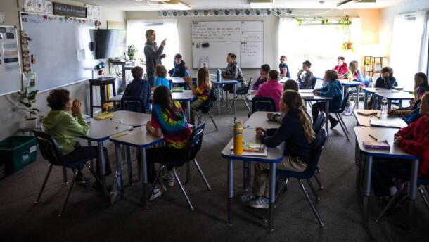 Laconia Christian Academy teacher Rebecca Mitchell’s second-floor classroom at the school before the school children break for lunch and recess.