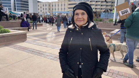 Long-time labor activist Dolores Huerta was at the Hands Off! protest in Albuquerque on Saturday. She’s originally from Dawson, New Mexico, and worked alongside César Chávez to co-founded the United Farmworkers.