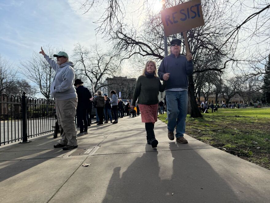 Demonstrators gathered to protest President Donald Trump and federal immigration authorities in the wake of several high-profile shootings on Saturday, Jan. 10, 2026, in downtown Chico.