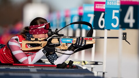 Kaisa Bosek USA at the shooting range during the Biathlon Single Mixed Relay at Les Tuffes Nordic Centre in France. The Winter Youth Olympic Games, Lausanne, Switzerland, Sunday 12 January 2020.