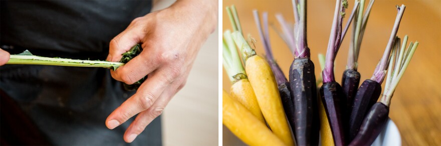 For Ma, kitchen creativity — and frugality — involves finding uses for items that typically end up in the trash, like tough kale stalks and carrot tops.