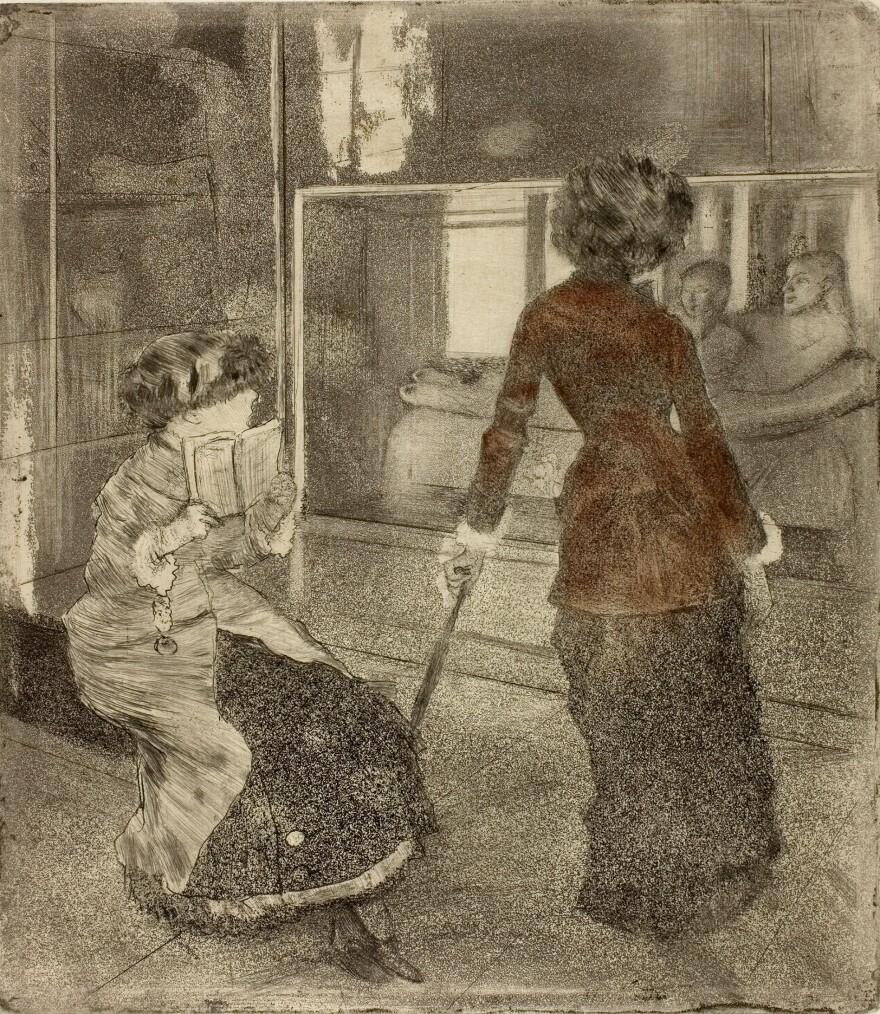 Degas frequently painted and sketched Cassatt. Above, he captures her at the Louvre, in 1879-1880.