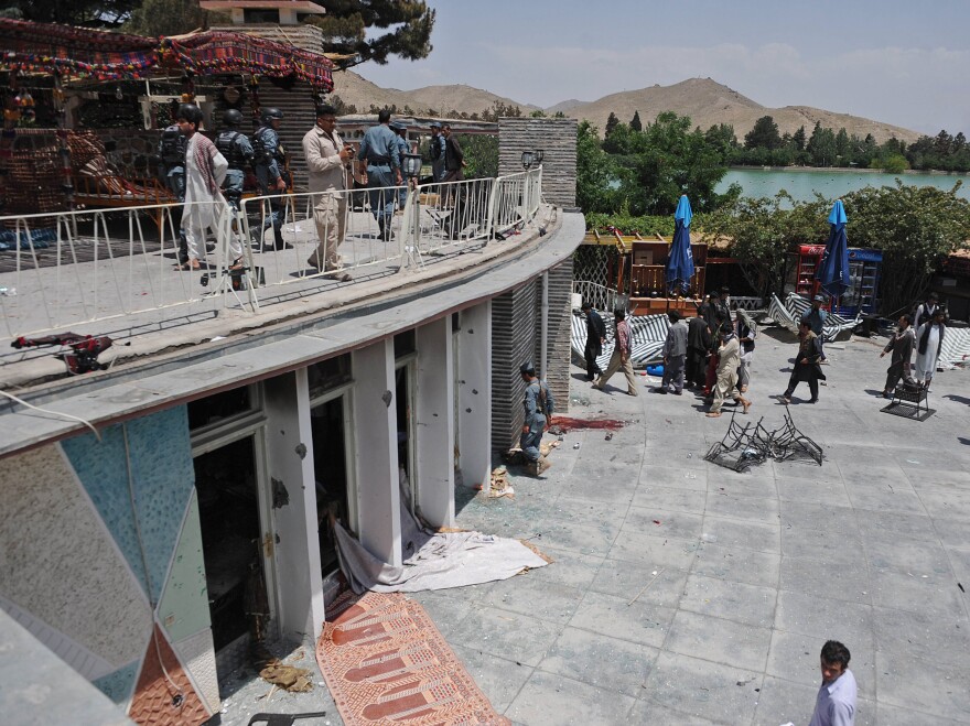 A view of the Spozhmai Hotel outside Kabul after an attack by the Taliban on Friday.